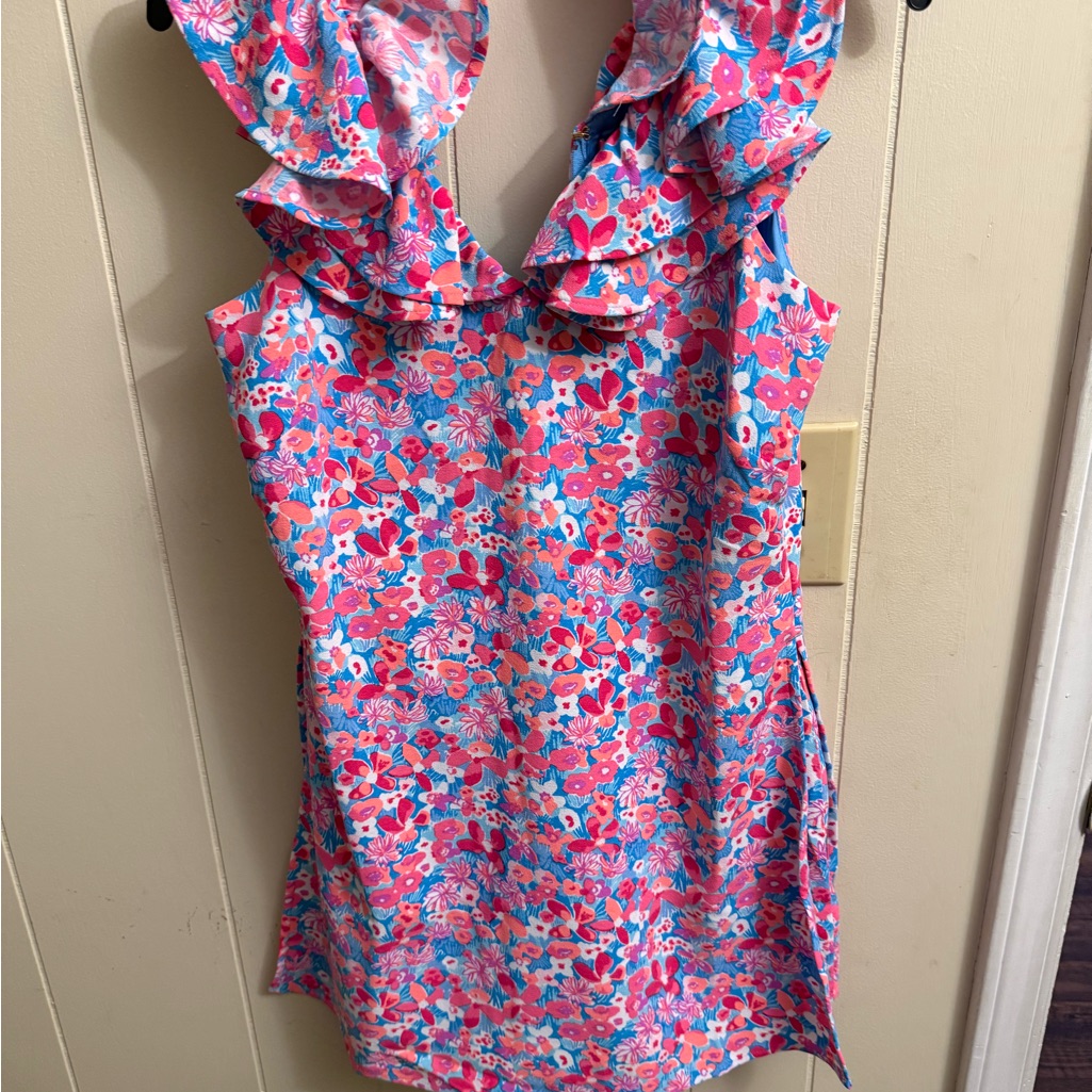 Lilly Pulitzer Pink And Blue Ruffled Sleeveless Blouse